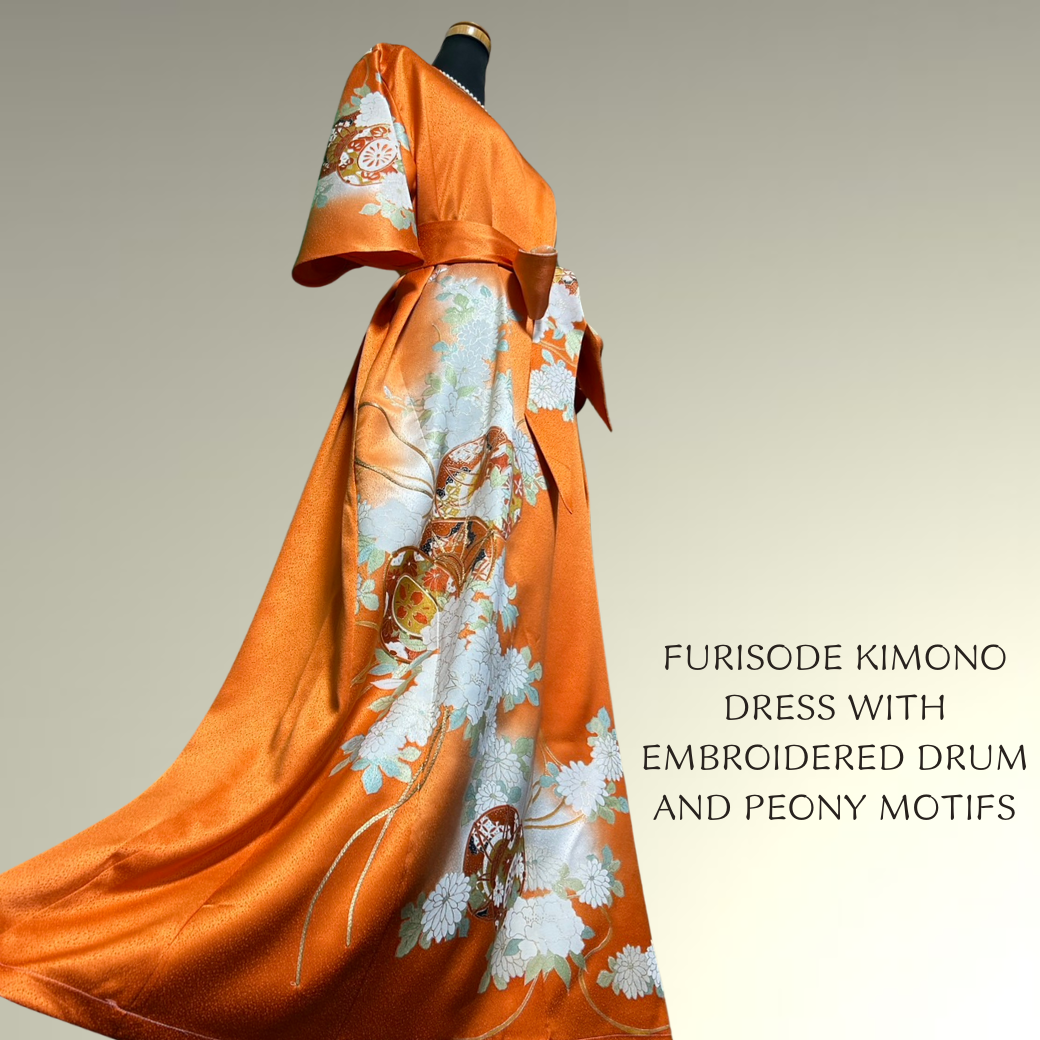 Furisode Kimono Dress with Embroidered Drum and Peony Motifs