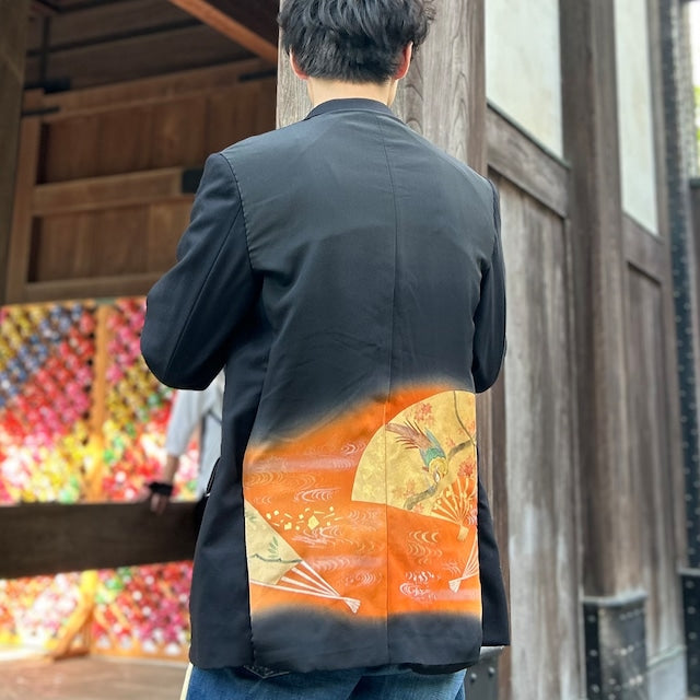 Kimono jacket with fan and long-tailed bird pattern