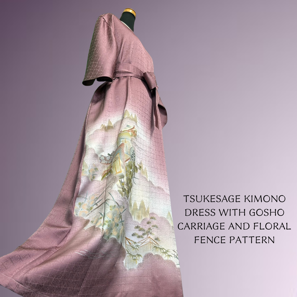 Tsukesage Kimono Dress with Gosho Carriage and Floral Fence Pattern